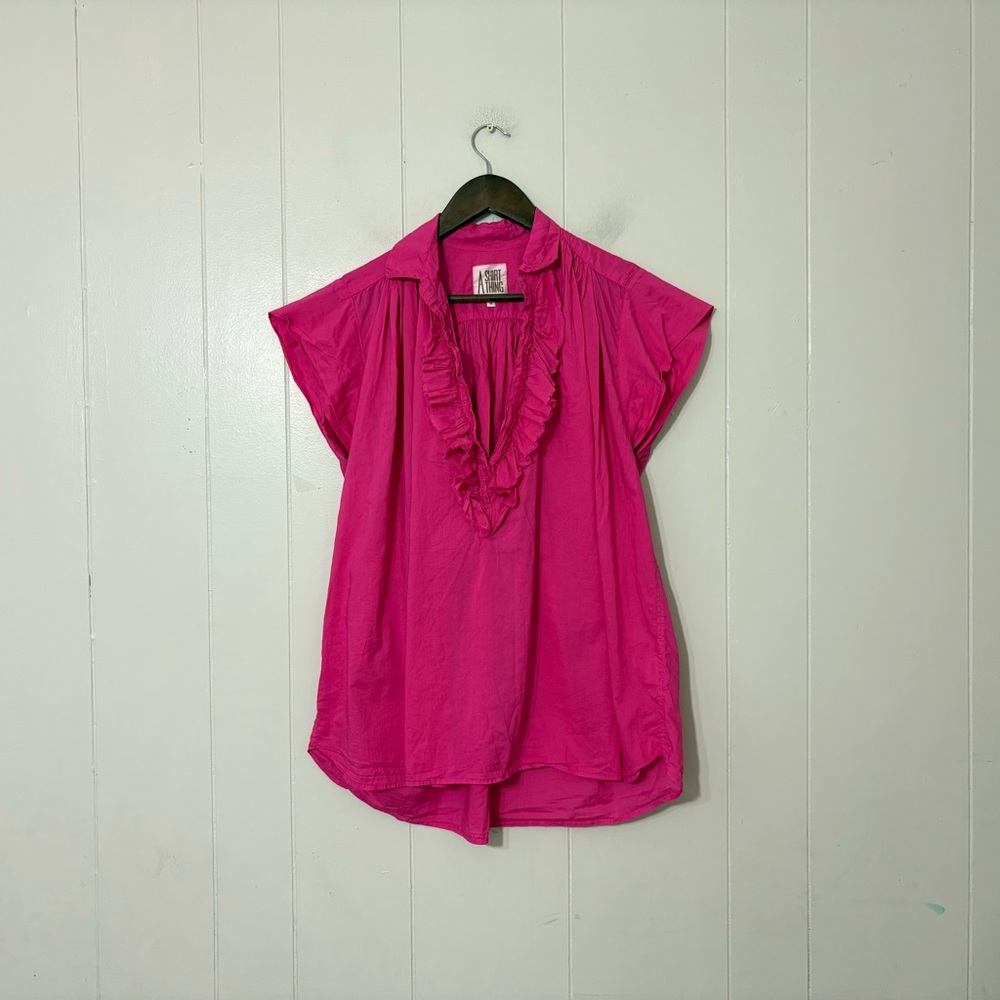 A Shirt Thing Fuchsia Ruffle V-Neck Blouse Top Medium Pink Cotton Boho Flowy
